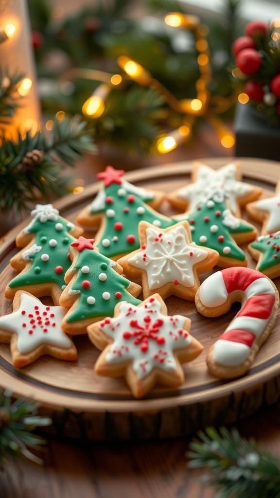 Christmas Cookie Decorating Ideas A variety of decorated Christmas cookies on a wooden platter, featuring festive shapes and colorful icing.